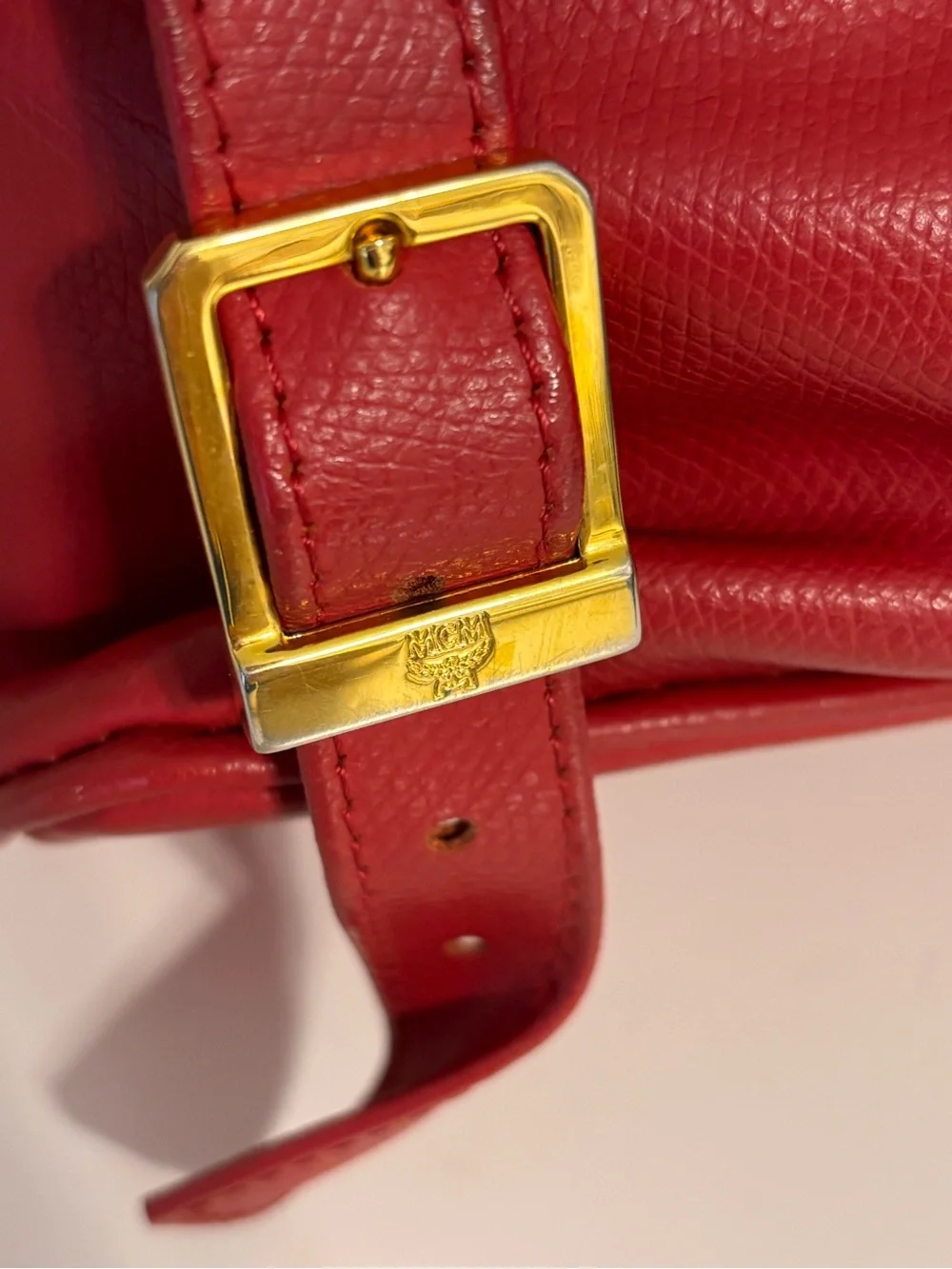 Vintage MCM München Red Leather Small Backpack Drawstring Flap Gold Hardware